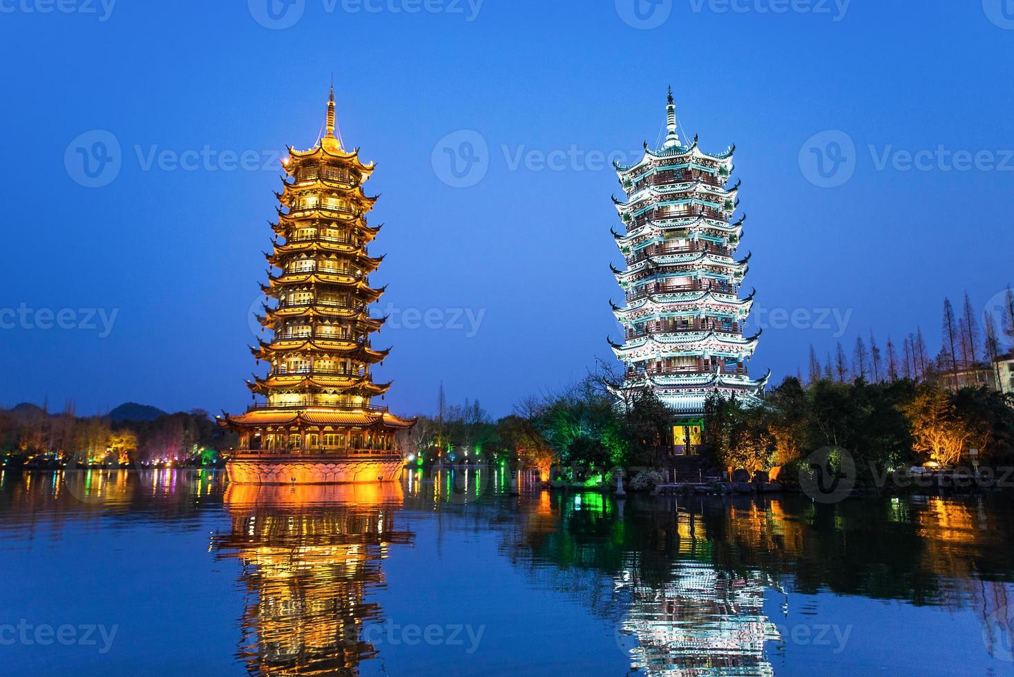 Sun and Moon Pagodas in downtown of Guilin, Guangxi Province, China. photo