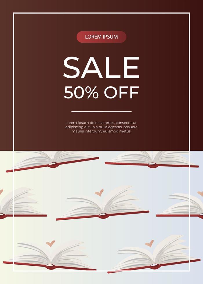 Promo sale flyer with pattern of open huge book with heart. Fantasy, imagination. World book day. Bookstore, bookshop, library, book lover, bibliophile, education. A4 for poster, banner, cover vector