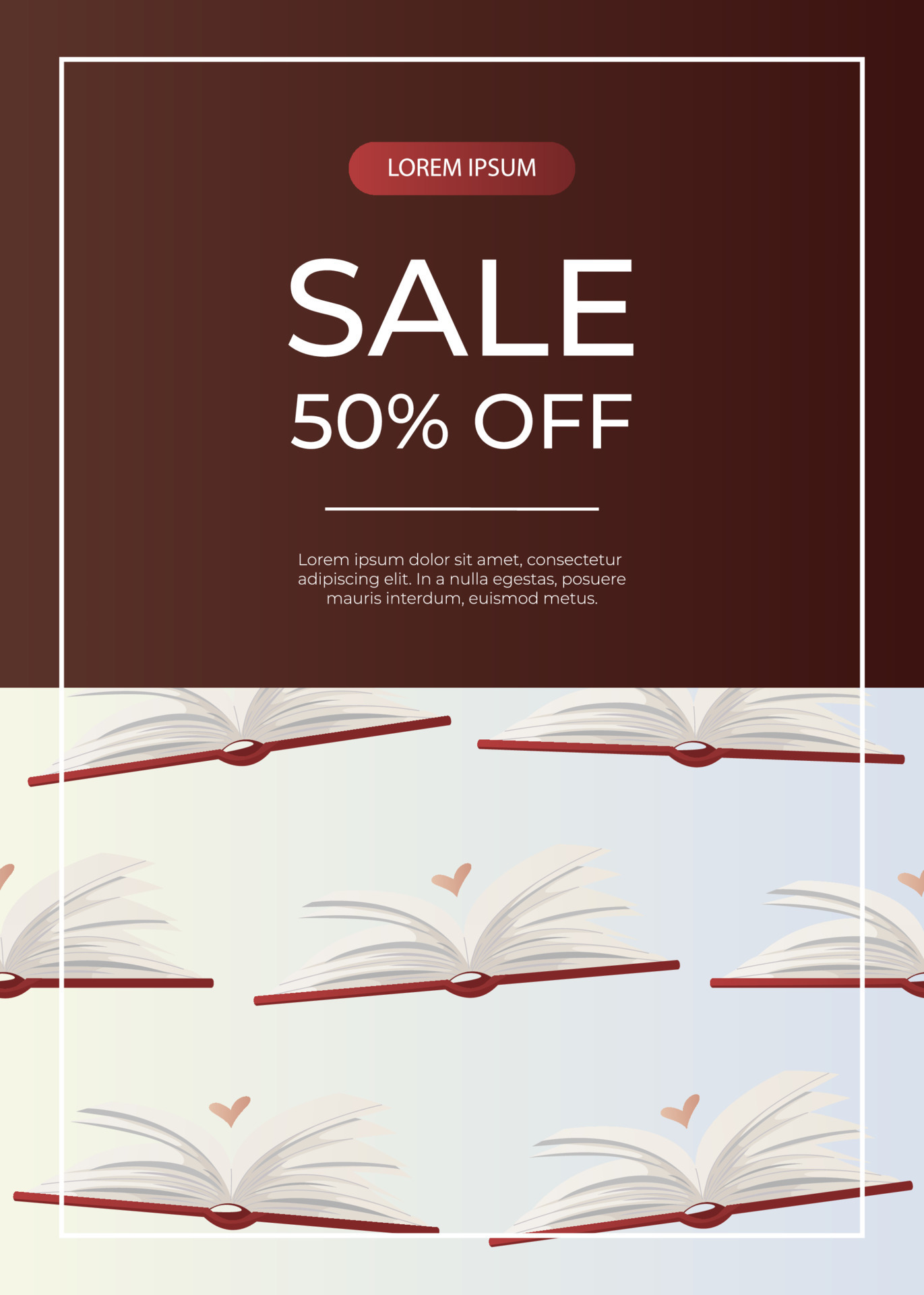 Promo sale flyer with pattern of open huge book with heart. Fantasy