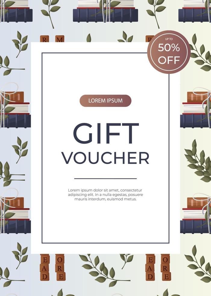 Promo gift voucher flyer with reading pattern of stack of books with bow, wooden letter tiles. Bookstore, bookshop, library, book lover, bibliophile, education. A4 for poster, banner, cover vector