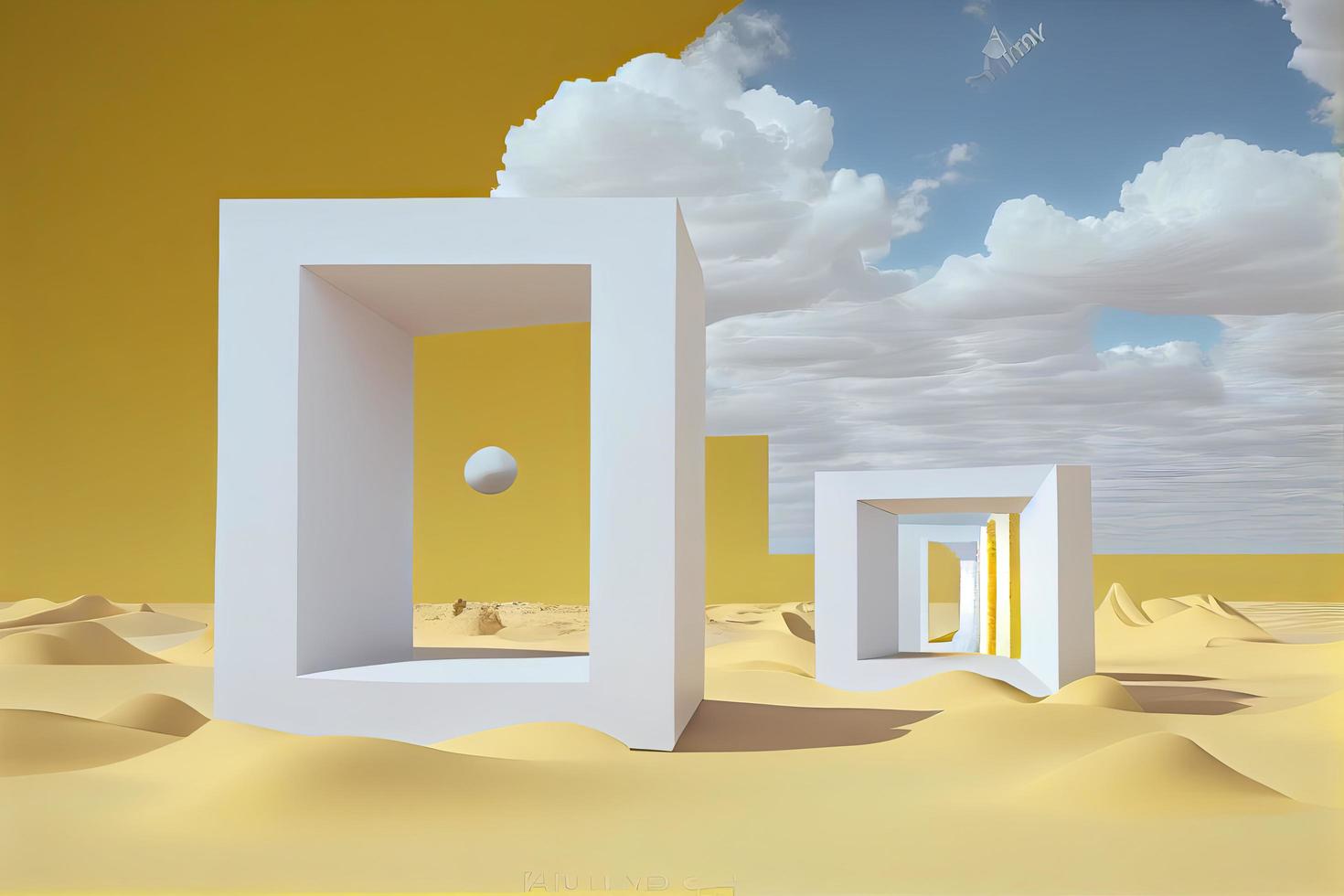 Surreal desert landscape with white clouds going into the yellow square portals on sunny day photo