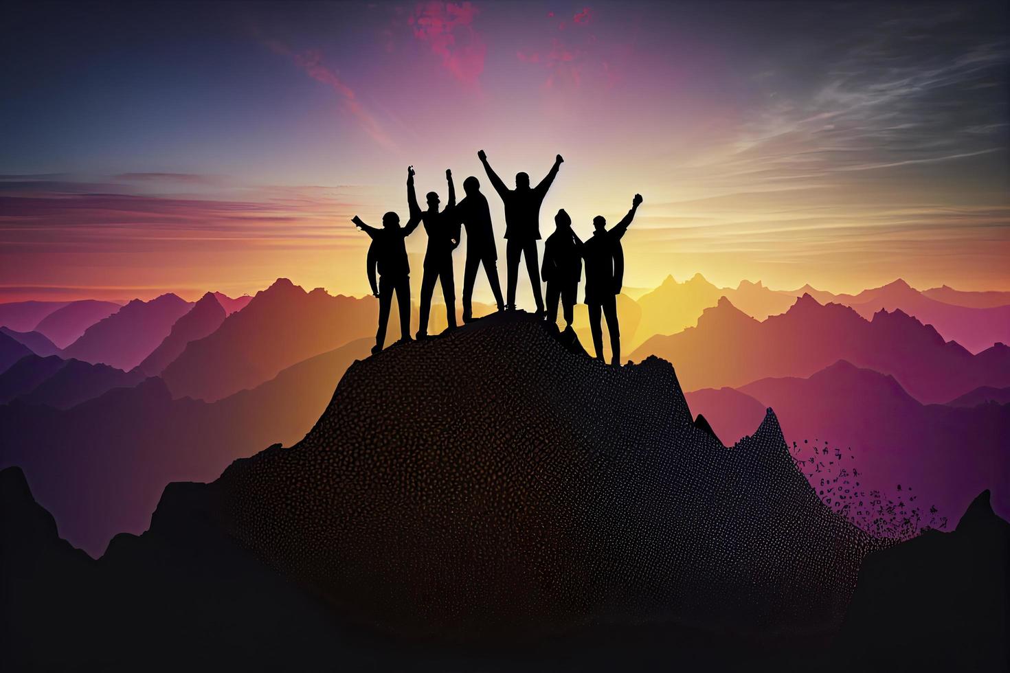 Silhouette of the team on the mountain. Leadership Concept photo