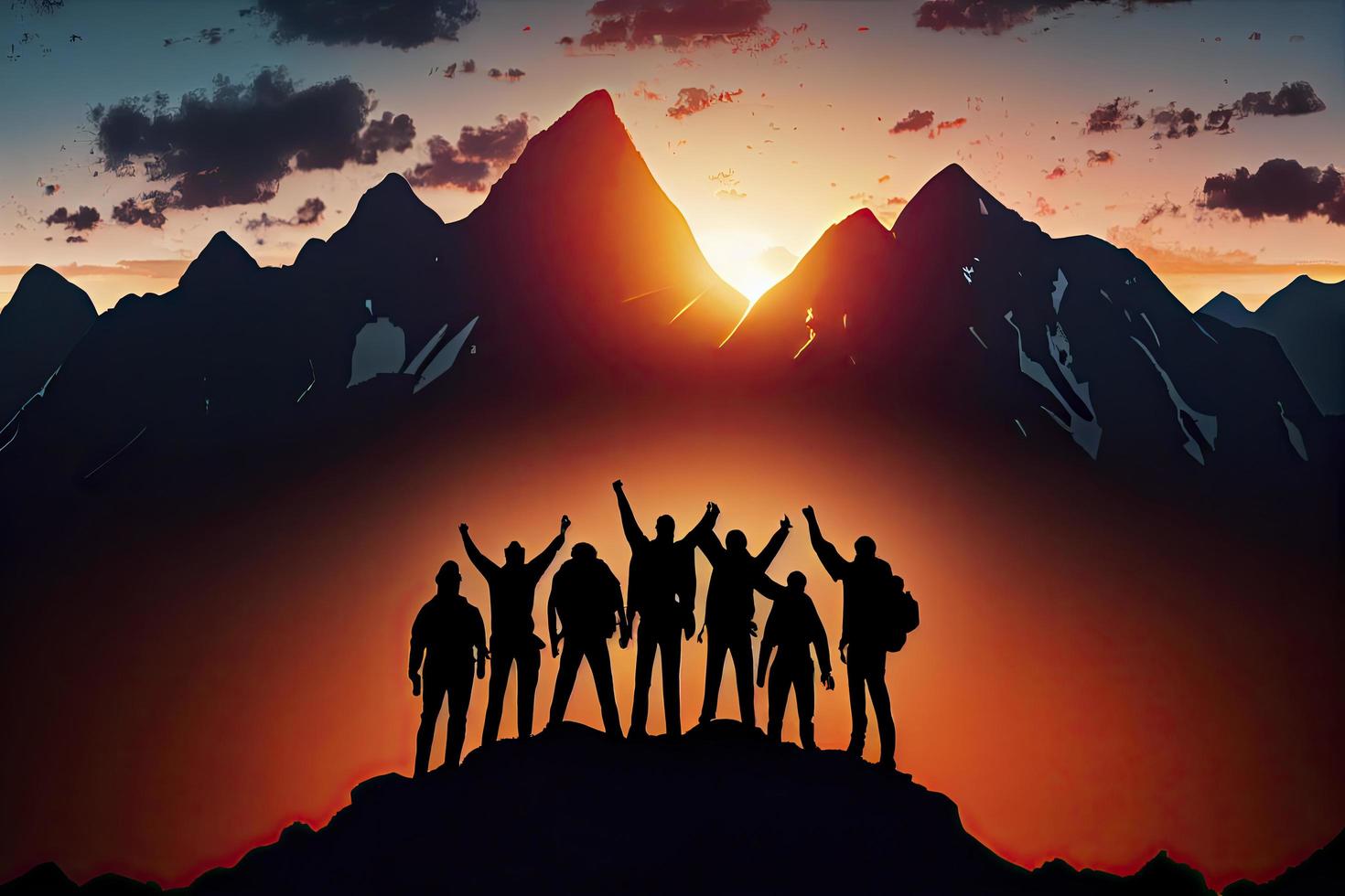 Silhouette of the team on the mountain. Leadership Concept photo