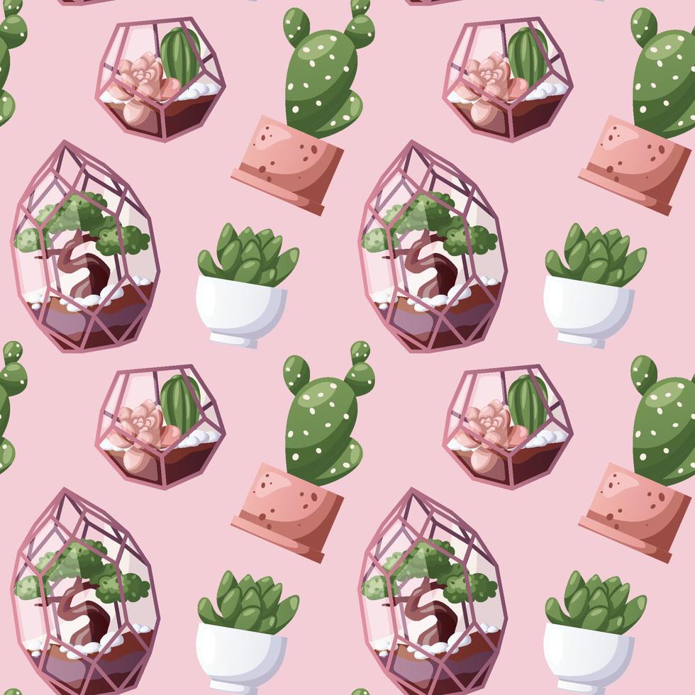 Pattern with florarium with succulents in glasshouse, cactus in pot. Indoor potted house plant in flowerpot. Home garden, greenhouse, gardening lover. Domestic store wallpaper, scrapbooking, textile vector