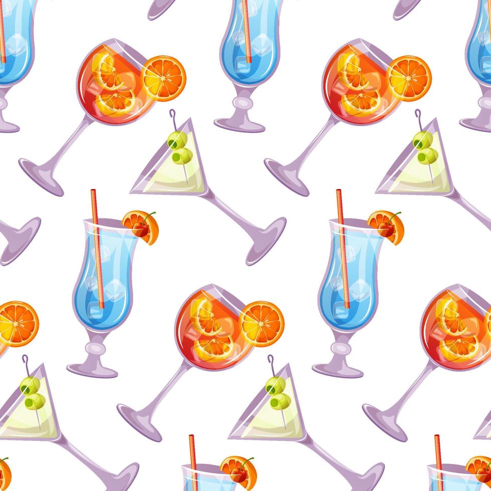 Seamless pattern of Aperol Spritz, Blue lagoon, Martini classic cocktails. Italian aperitif cocktail. Alcoholic beverage for drinks bar menu. Beach Holidays, summer vacation, party, cafe, recreation. vector