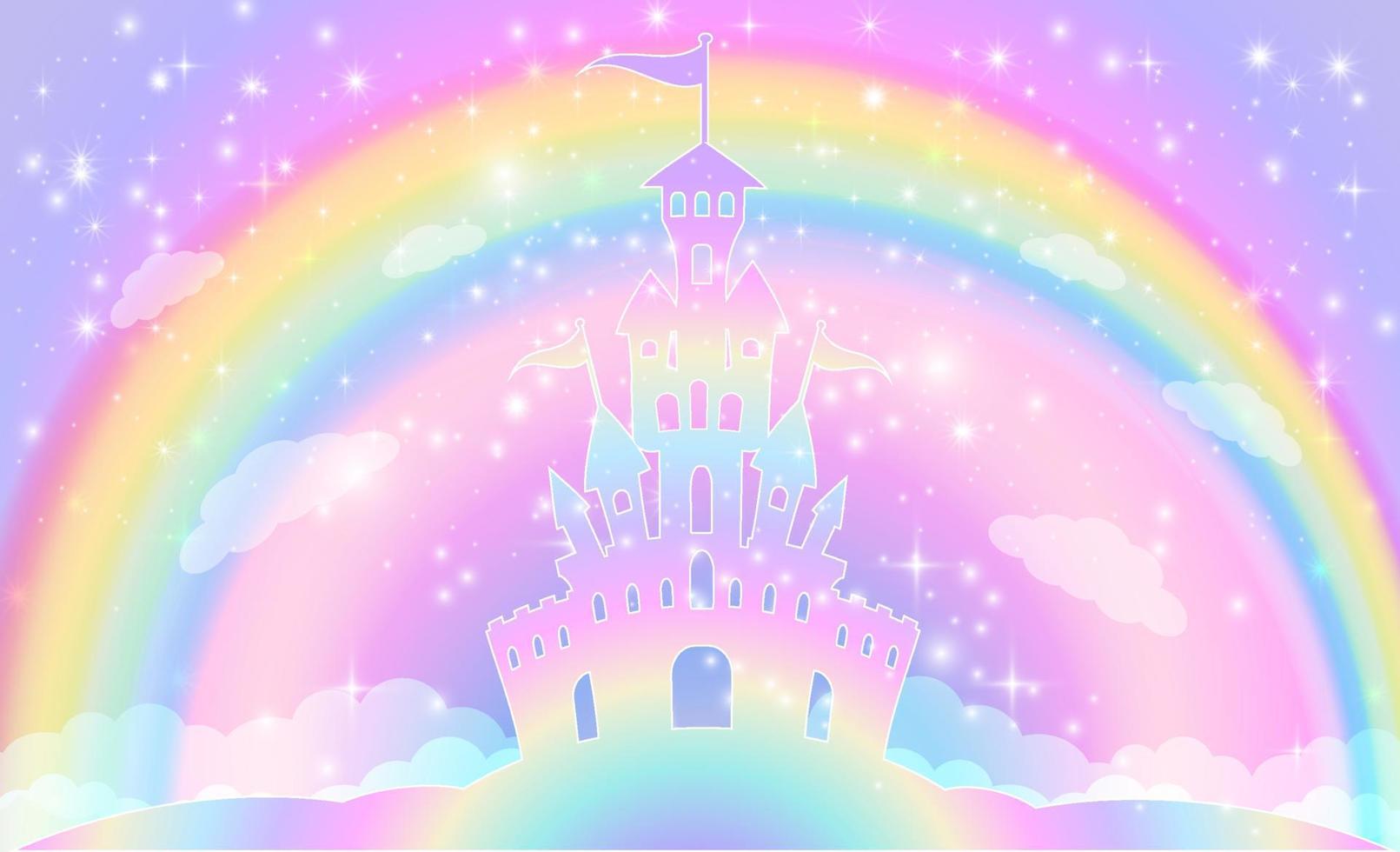 Silhouette of a magic castle on a background of a rainbow sky with stars. vector