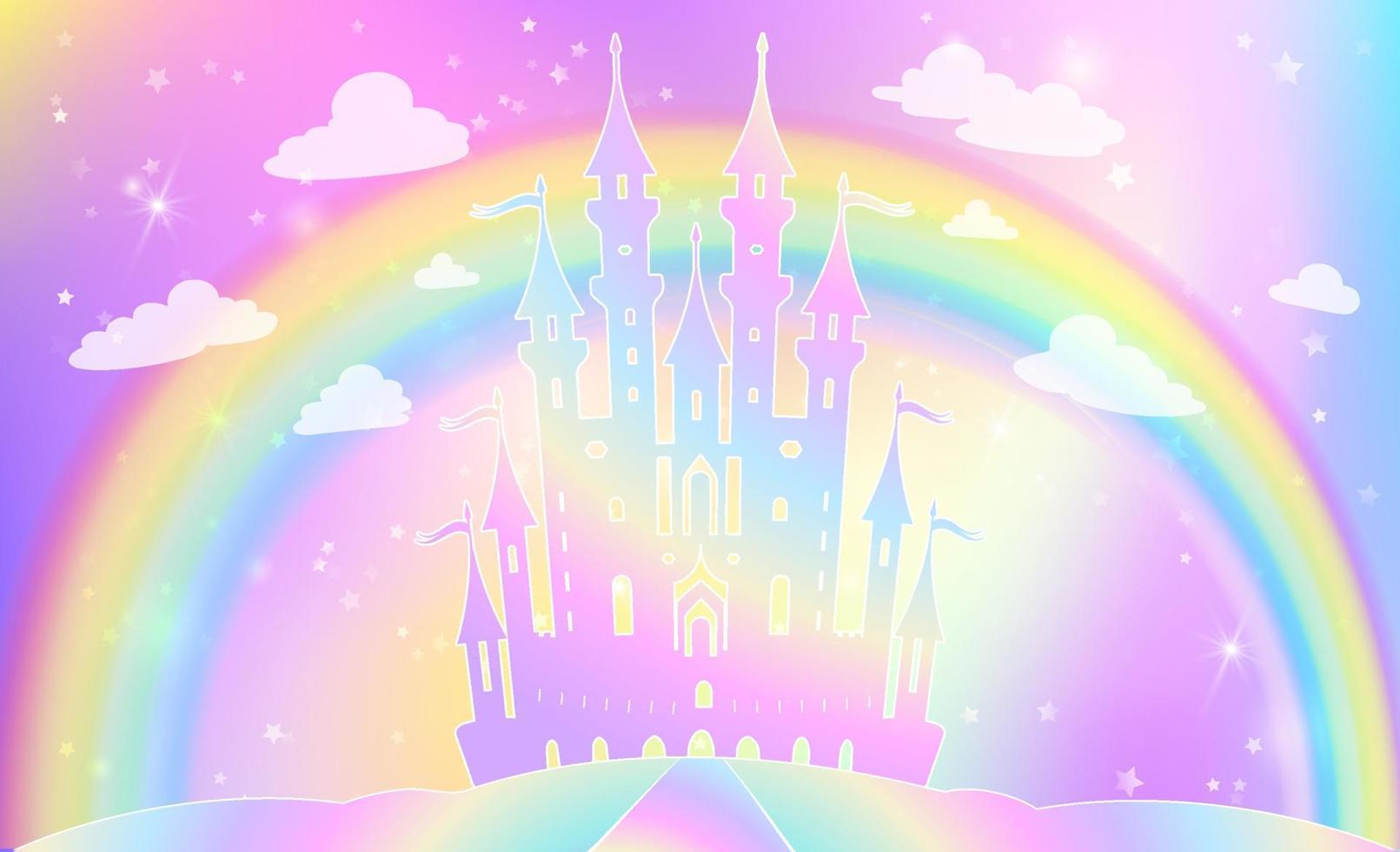 Silhouette of a magic castle on a background of a rainbow sky with stars. vector