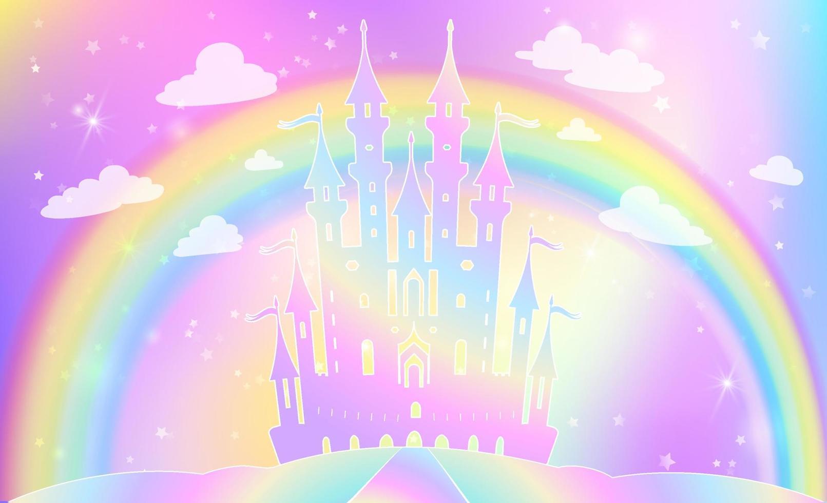 Silhouette of a magic castle on a background of a rainbow sky with stars. vector