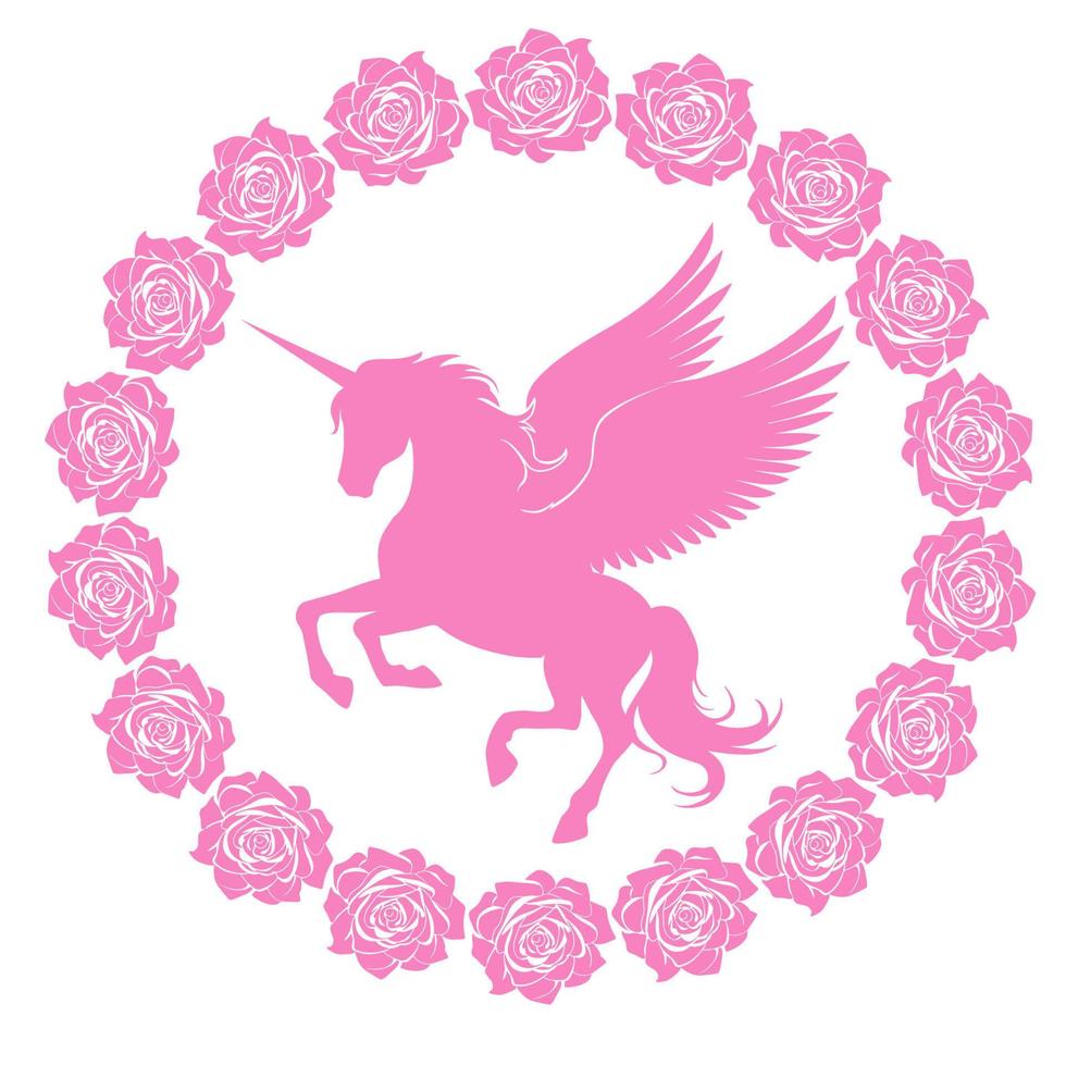 unicornio con alas en un guirnalda de rosas. vector