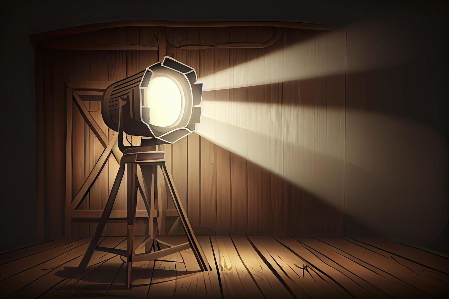 Floodlight spotlight illuminates wooden scene. Vector illustartion photo