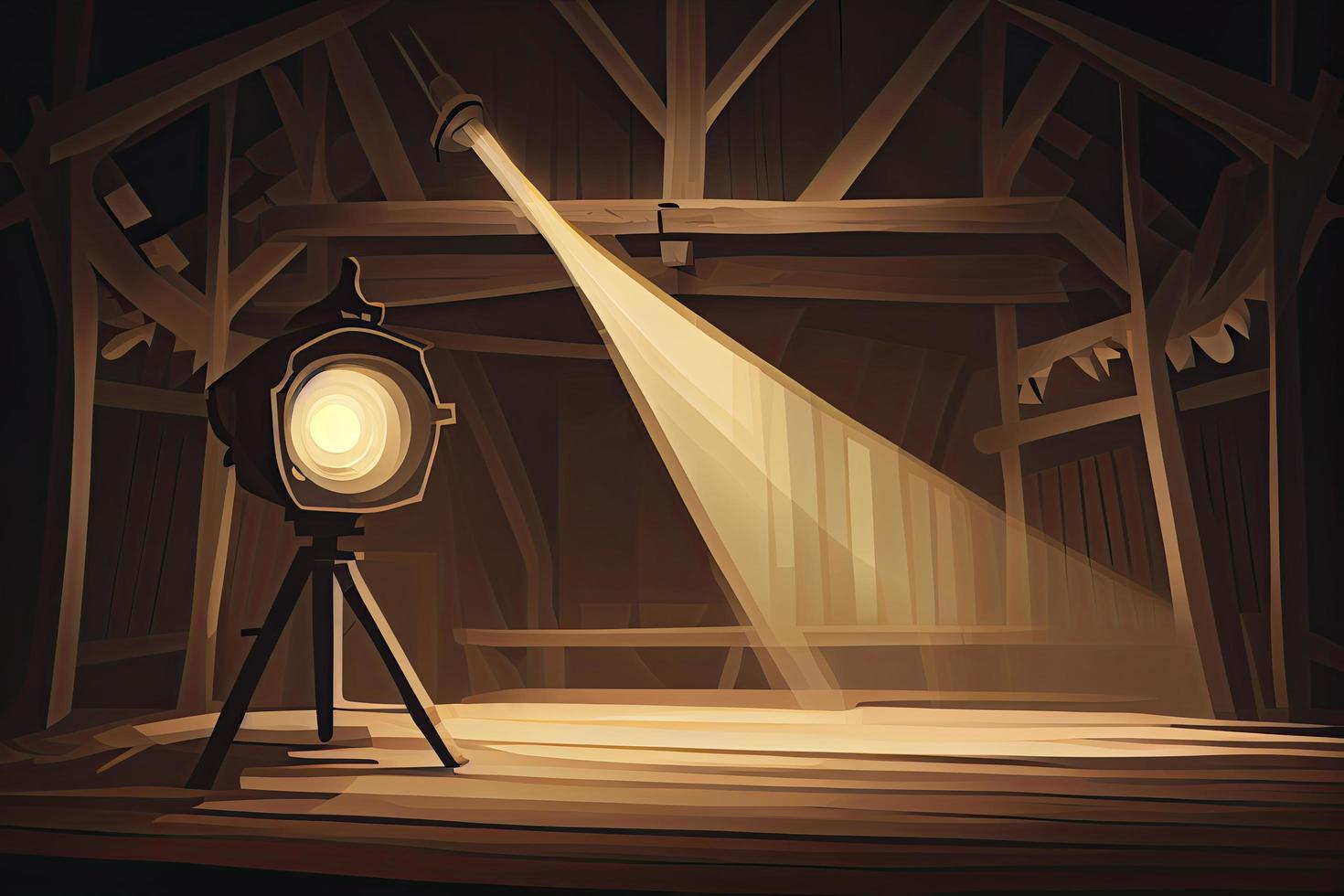 Floodlight spotlight illuminates wooden scene. Vector illustartion photo