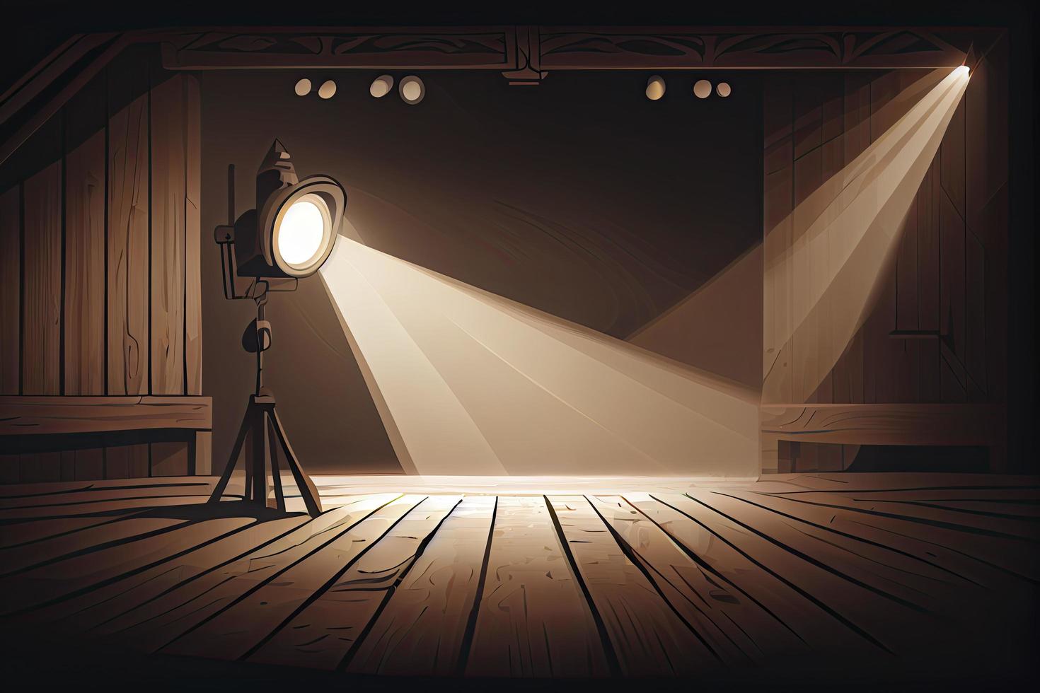 Floodlight spotlight illuminates wooden scene. Vector illustartion photo