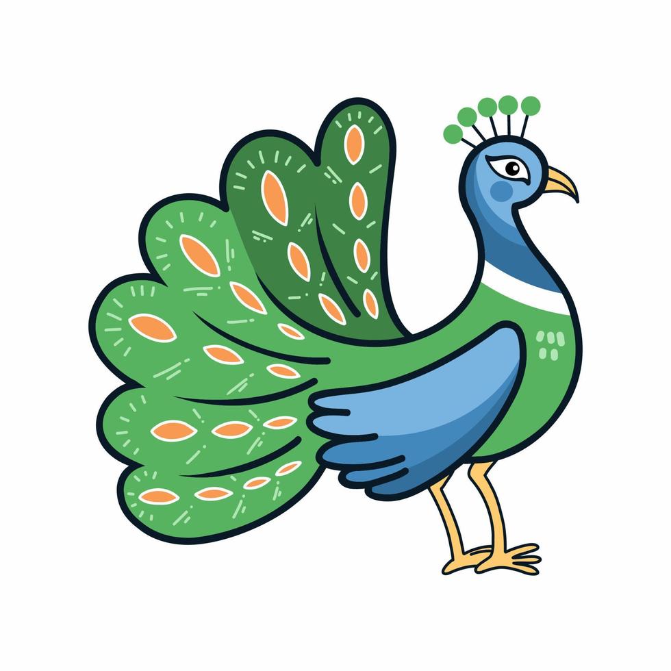 Peacock on white background. Vector illustration for children. Sketch.