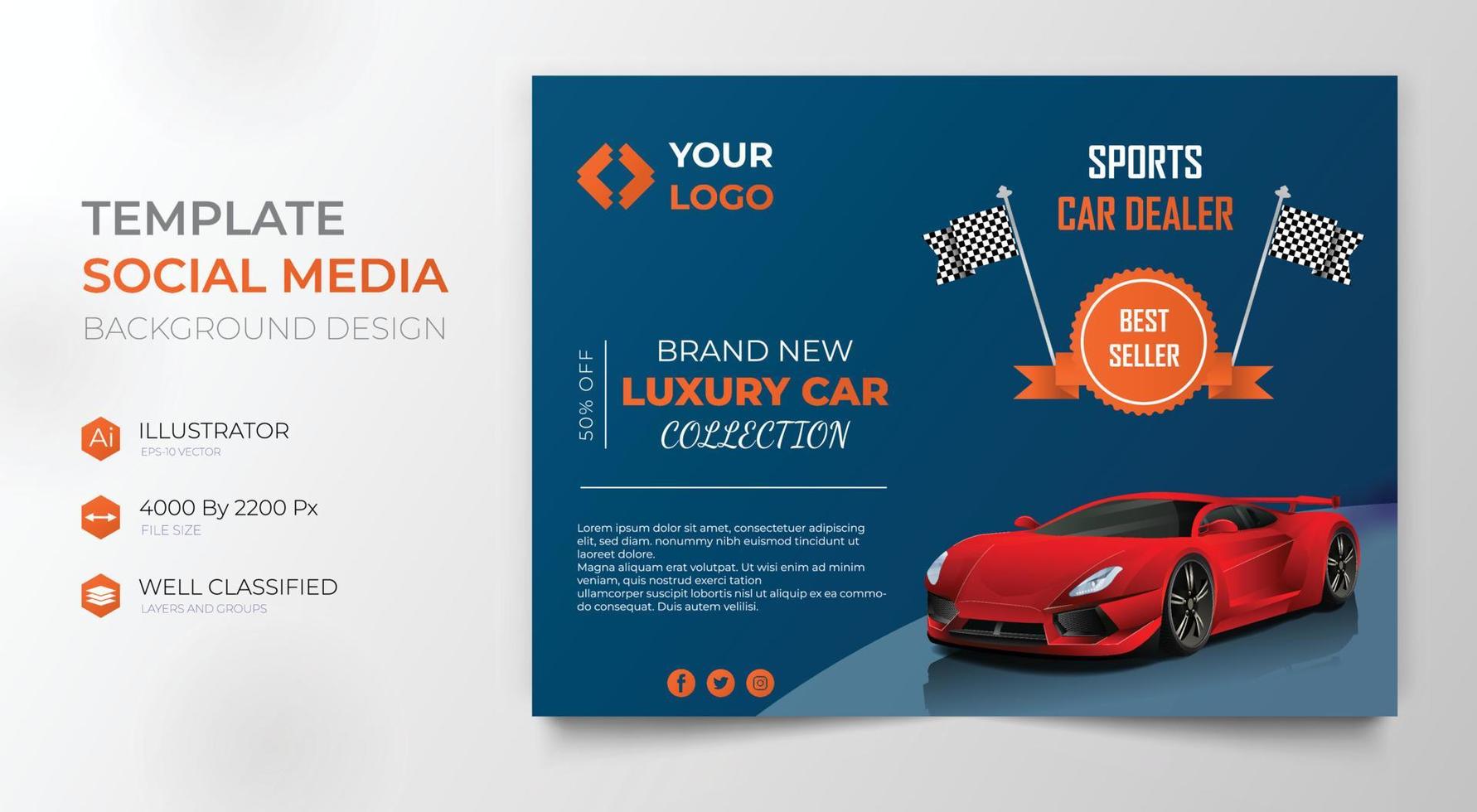 Vector sports car social media banner template. landscape poster, digital banner, flyer, brochure and web design.