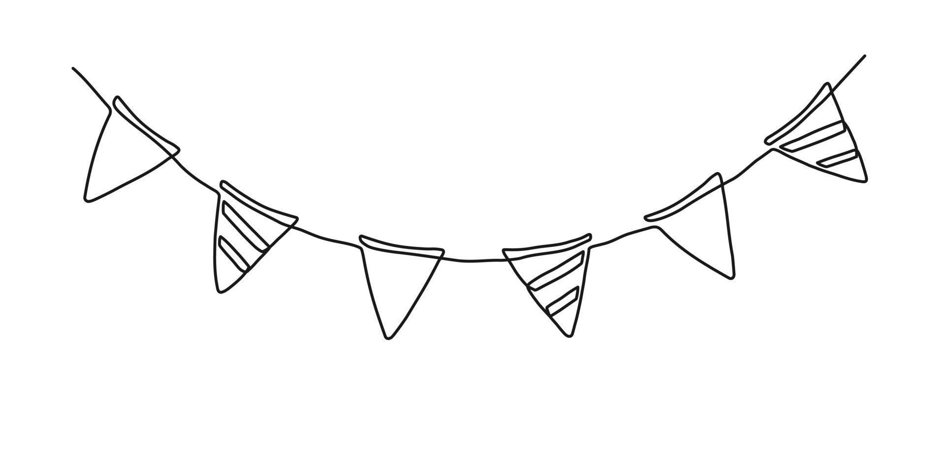 Continuous one line drawing garland. Hand drawn buntings isolated on white background. Holiday decoration for celebration birthday, carnival, party and festival in linear style. Vector illustration