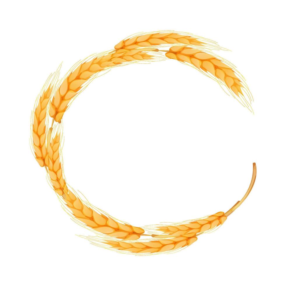 Wreath from spikelet, golden color wheat round frame in cartoon style isolated on white background vector