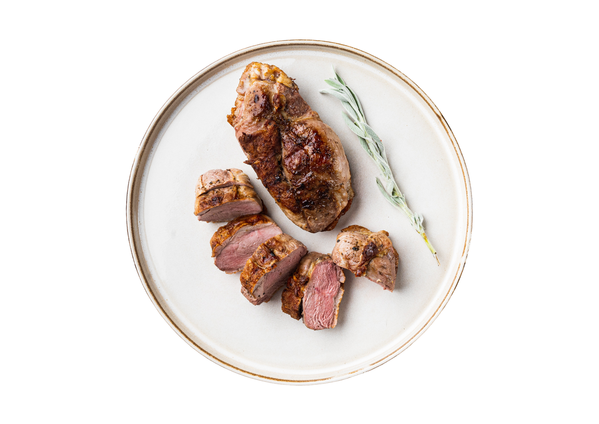 White plate with roast beef isolated on a transparent background