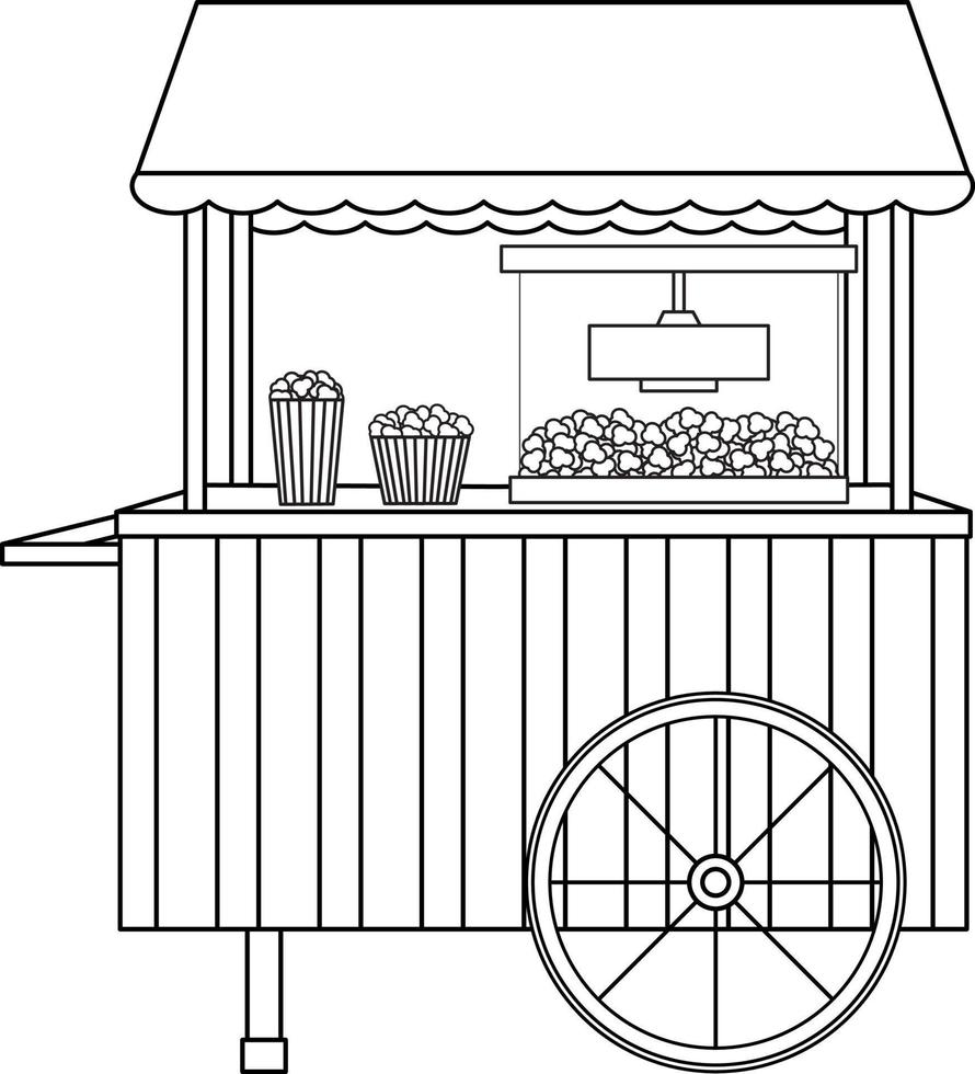 bright vector illustration of a popcorn machine, a popcorn cart, a snack, street food, doodle and sketch, coloring book
