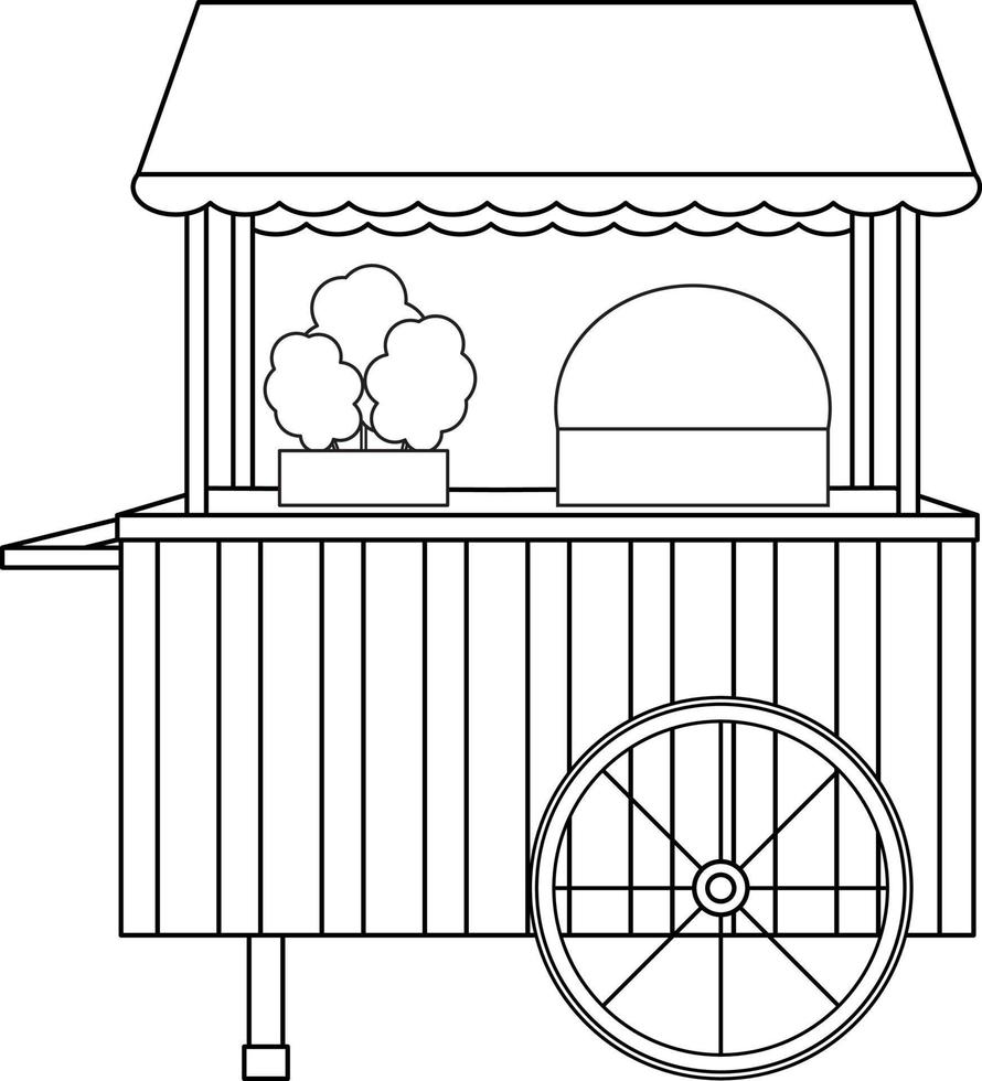 bright vector illustration of a cotton candy cart, a sweet snack, street food, sweets for children, doodle and sketch, coloring book