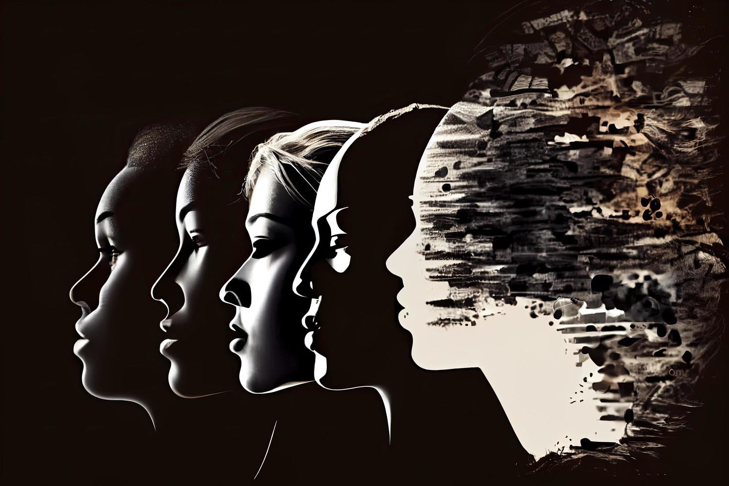 Woman face silhouette in profile with group of multicultural and multiethnic women faces inside photo