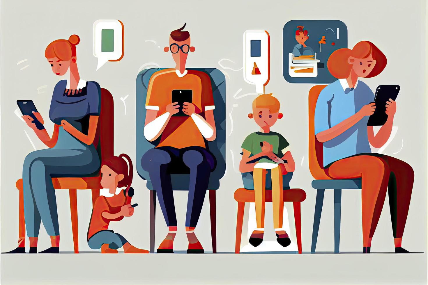 Family using smartphones and tablets, parents and kids with phones. Social media addiction photo