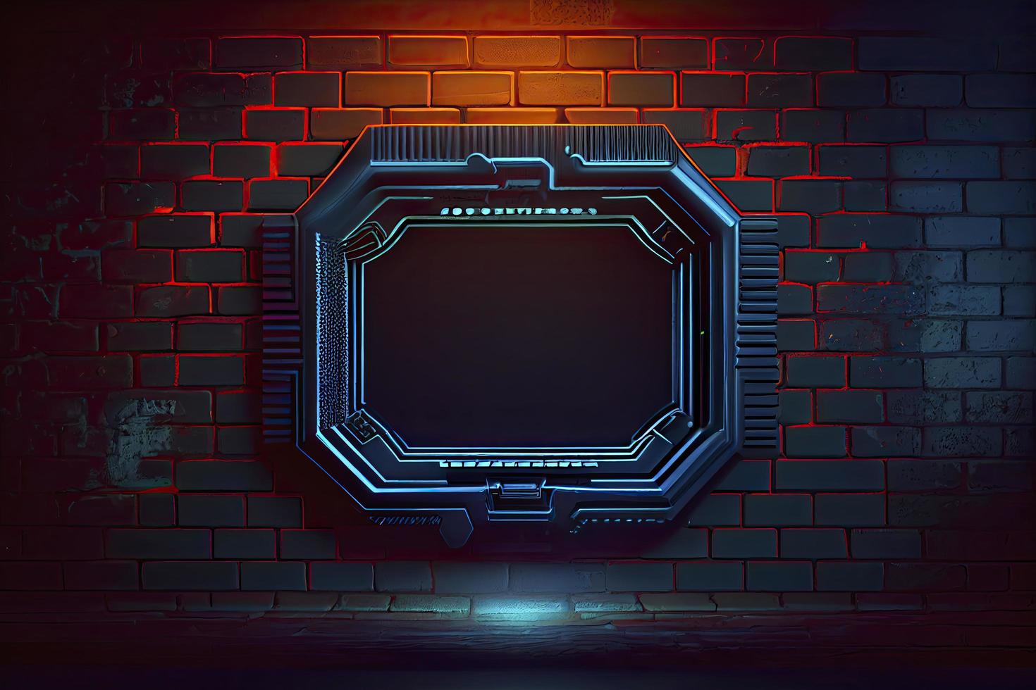 abstract background of sci fi hud ui neon frame on brick wall photo