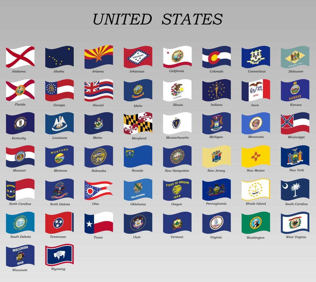 set of waving flags of states of the USA vector