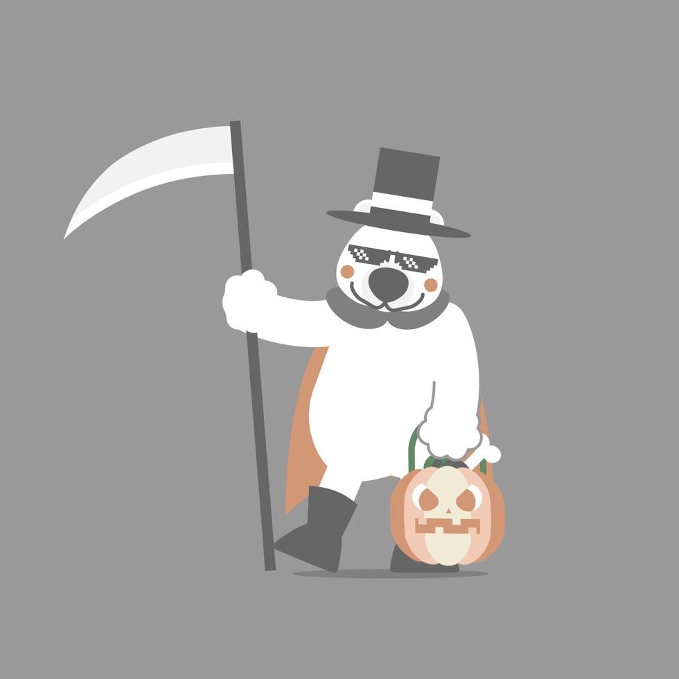 happy halloween with polar bear, scythe and pumpkin, flat vector illustration cartoon character design