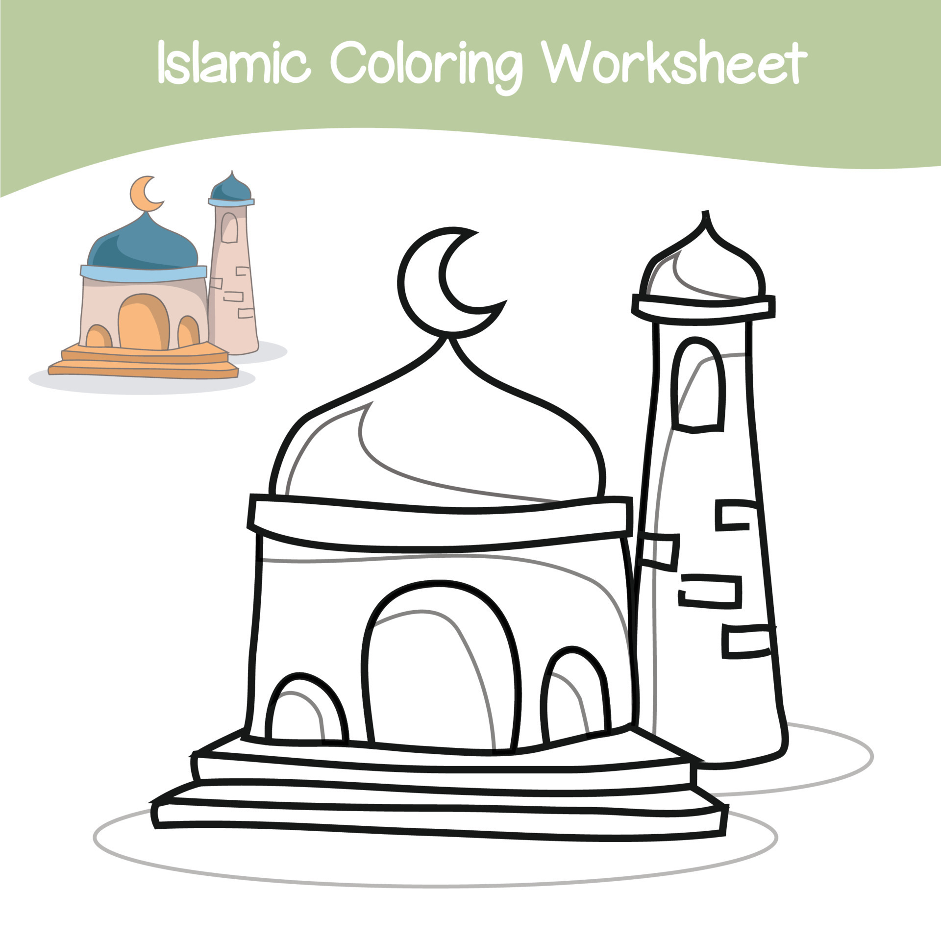 Islamic coloring worksheet. Islamic religion items coloring book