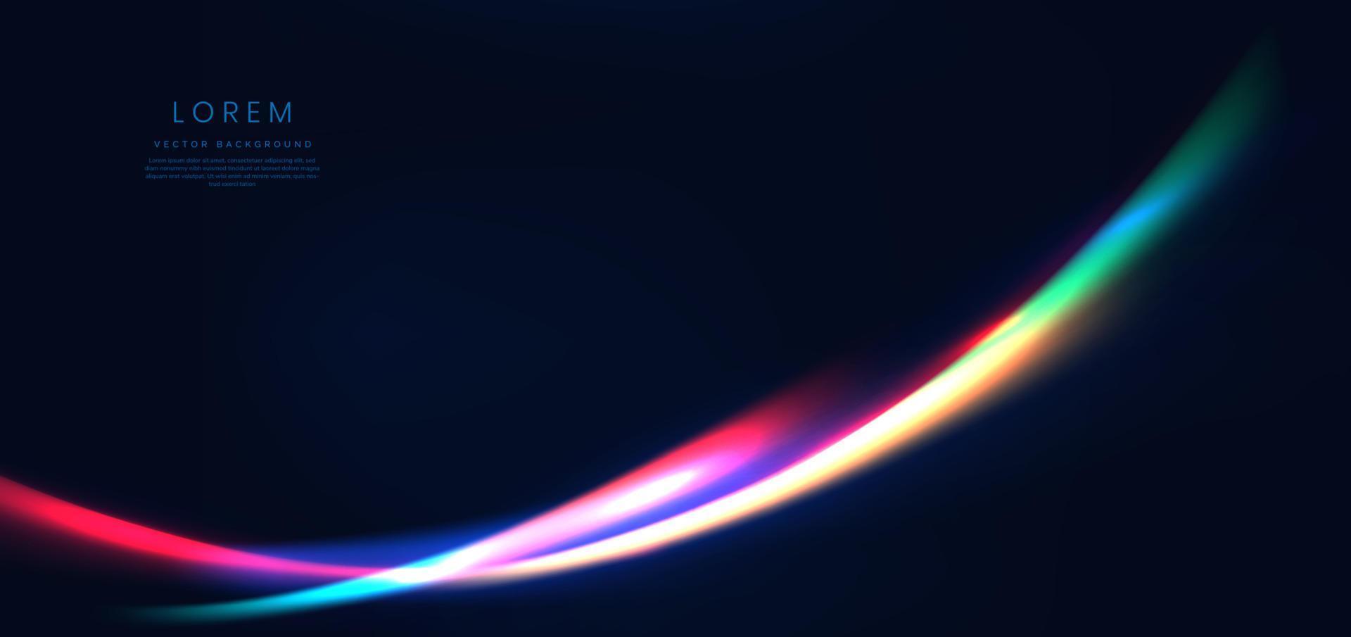 Abstract futuristic neon light curved red, blue, yellow and pink on dark blue background. vector