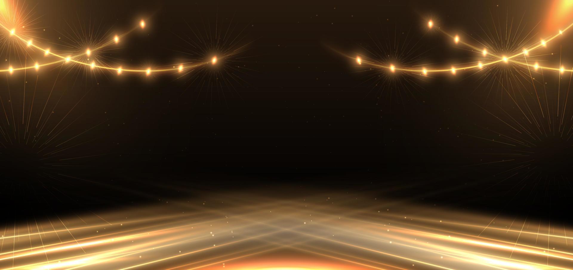 Elegant golden scene diagonal glowing with lighting effect sparkle on black background. Template premium award design. vector