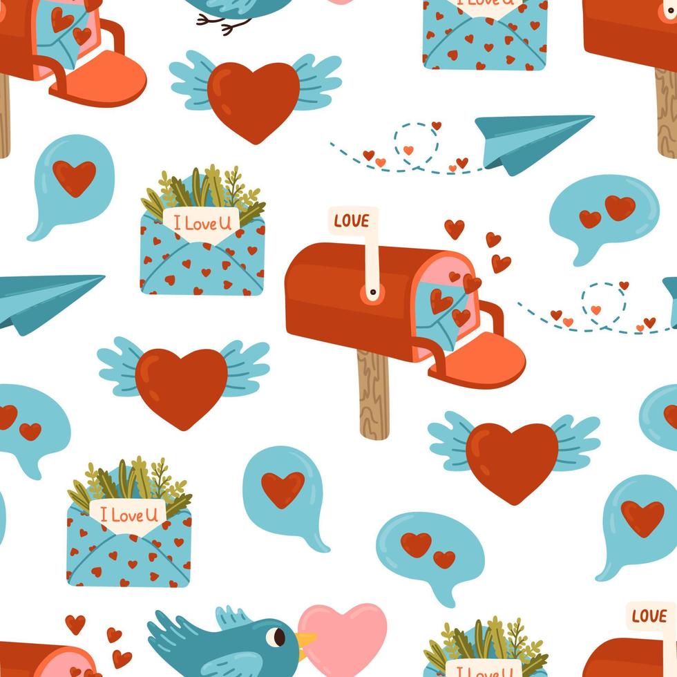 Flying paper airplane, Mailbox, open Envelope, Speech Bubble With Red Hearts flight air trace and hearts. Love message , Valentine's Day vector seamless pattern.