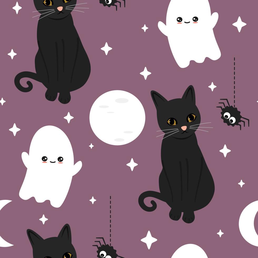 cute funny halloween seamless vector pattern illustration with cartoon character black cats, ghost, spiders, moon and stars on purple background