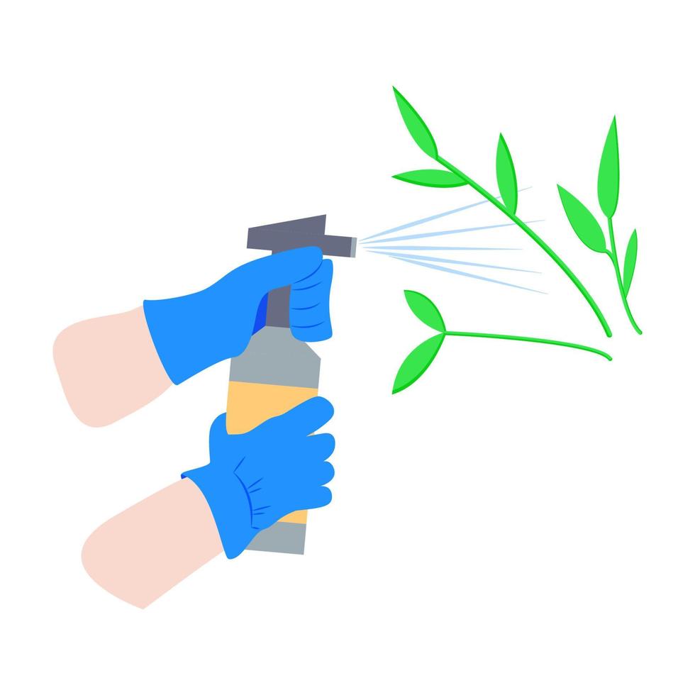 Spraying pesticide chemicals on plants. Garden work concept. Vector flat illustration.