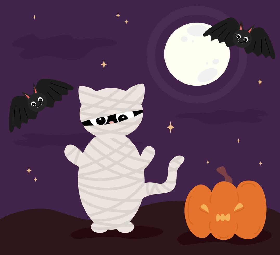 Cute cartoon halloween vector background illustration with mummy cat, pumpkin and bats