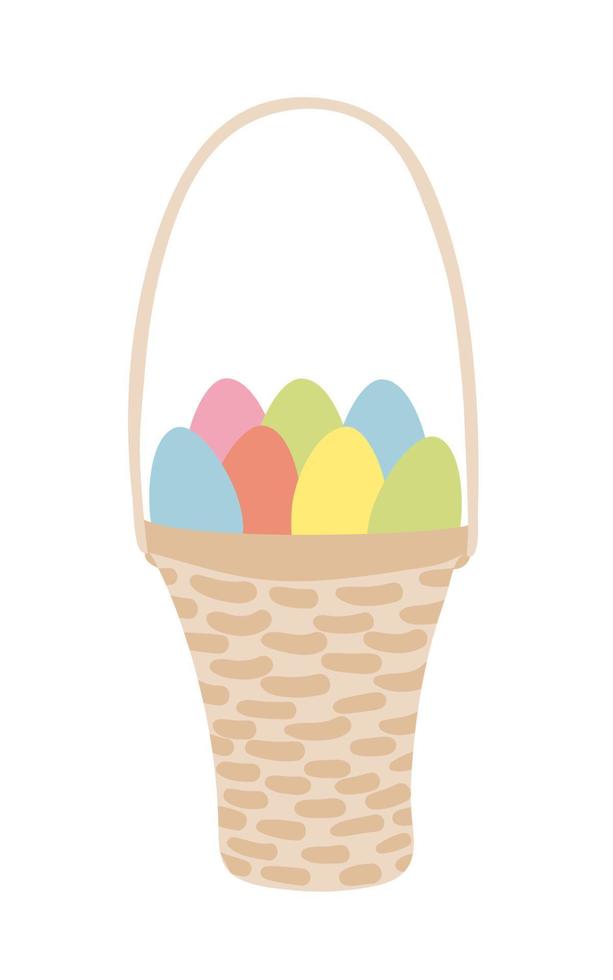 Happy Easter. Easter basket with eggs. Hand drawn April holiday greeting card. Wicker basket with coloured eggs. Vector stock illustration.