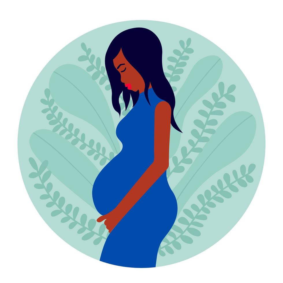 Pregnant black woman flat illustration. Pregnancy illustration. Pregnant woman holds her belly. vector