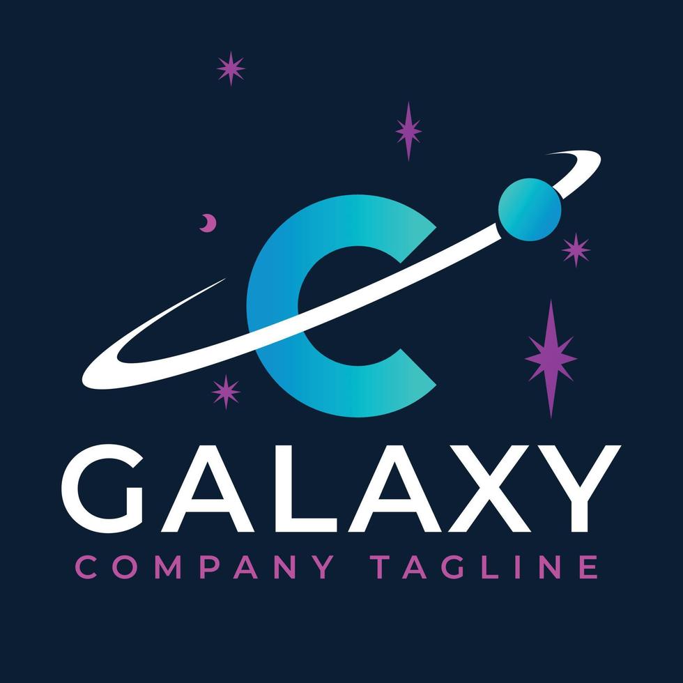 Galaxy Template On C Letter. Planet Logo Design Concept vector