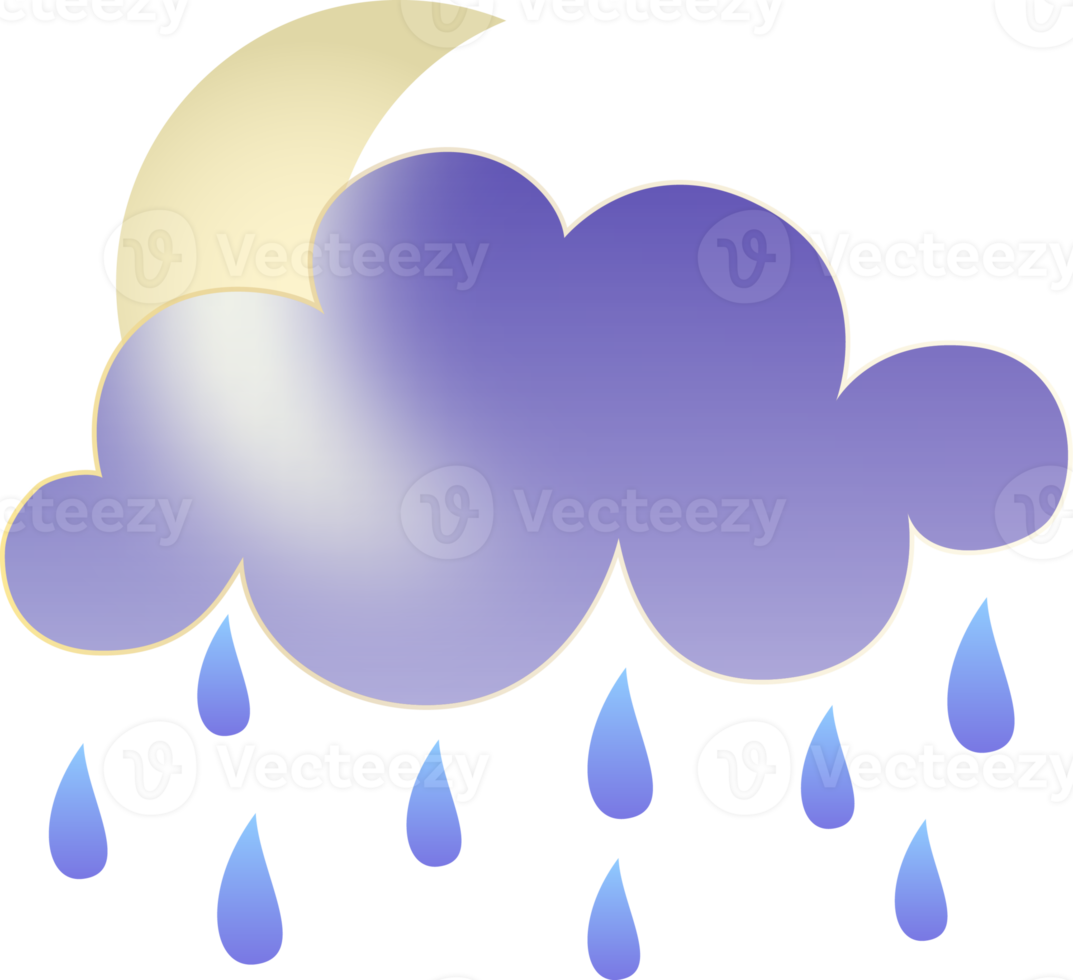 Winter season weather icon. Glassmorphism style symbols for meteo forecast app. Night sing. Moon, stars, rain and clouds. PNG illustrations