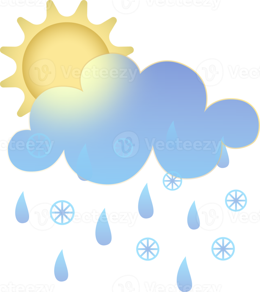 Winter weather icon. Glassmorphism style symbols for meteo forecast app. Day season sings. Sun, rain and snow clouds. PNG illustrations