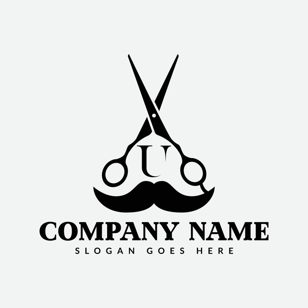 Salon and Hair Cutting Logo on Letter U Sign. Barber Shop Icon with Logotype Concept vector