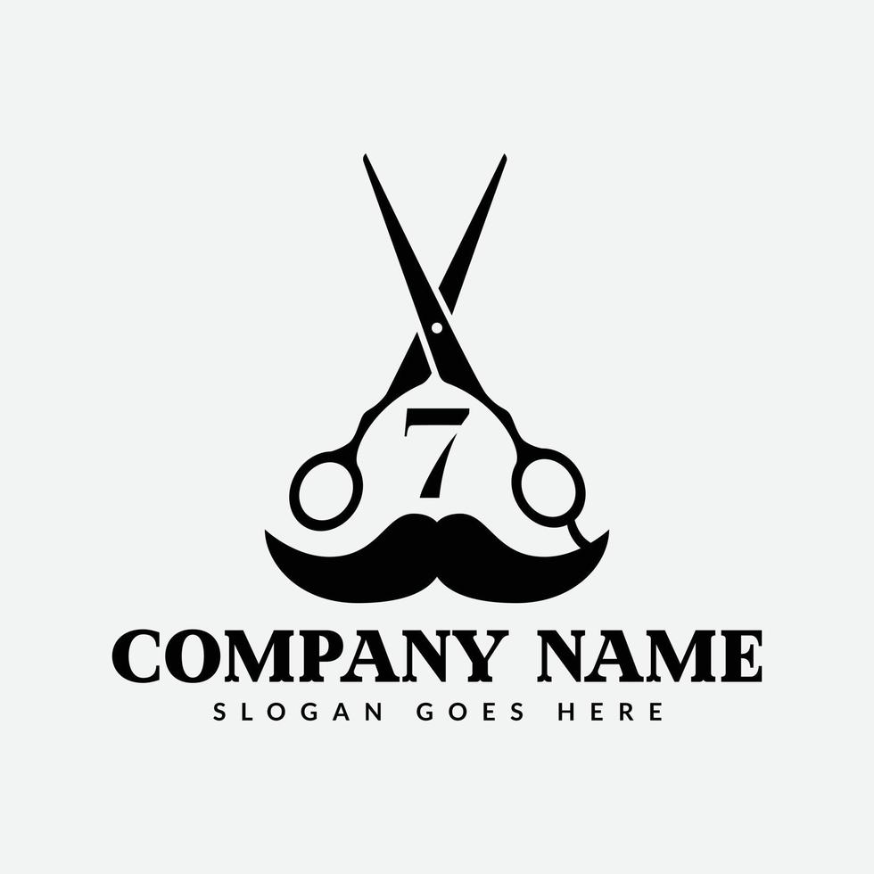 Salon and Hair Cutting Logo on Letter 7 Sign. Barber Shop Icon with Logotype Concept vector