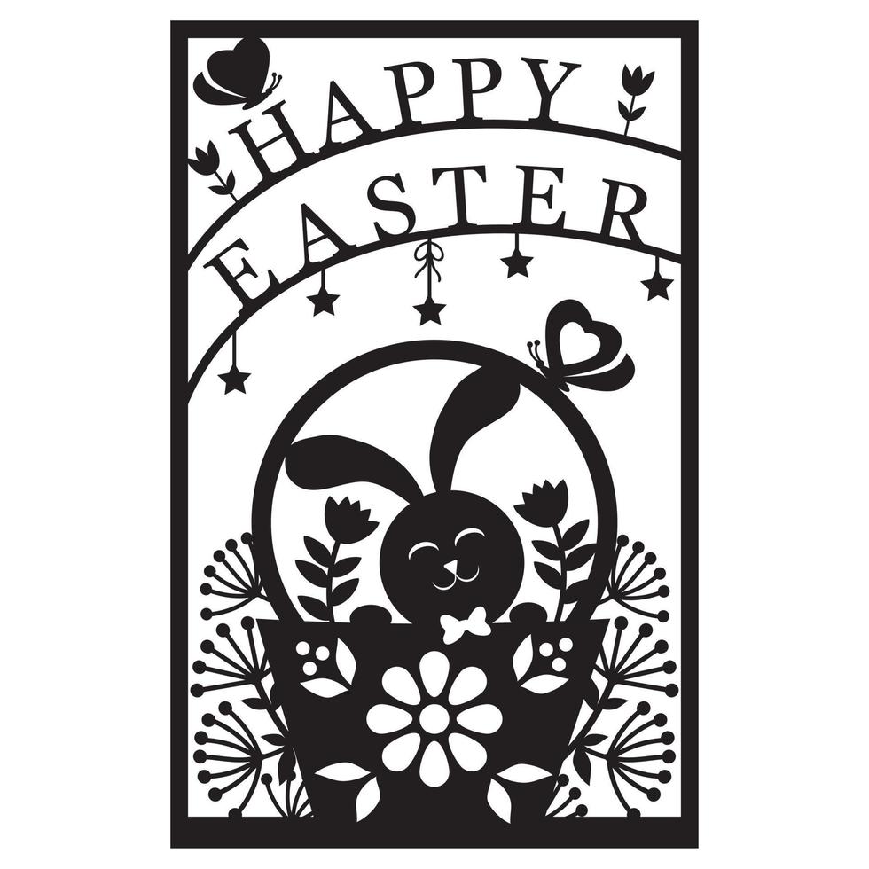 Greeting card template with Easter bunny, papercut style paper cutting, vector illustration