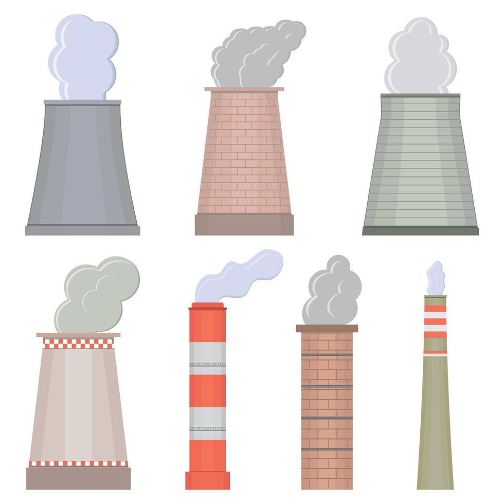 Industrial industrial chimney, flue pipes with toxic air, vector isolated illustration