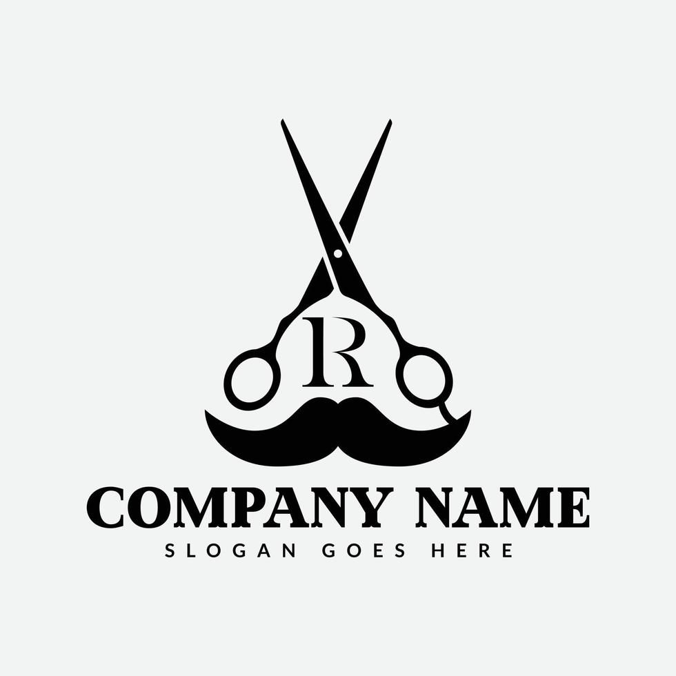 Salon and Hair Cutting Logo on Letter R Sign. Barber Shop Icon with Logotype Concept vector