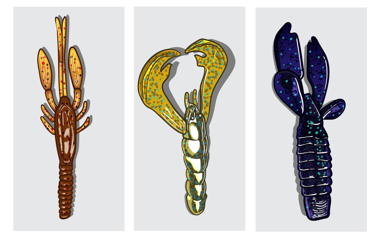 soft plastic creature baits. Scented and salted silicone bait lures for catching bass, pike, perch, zander and other predatory fish. for your fishing activity. vector