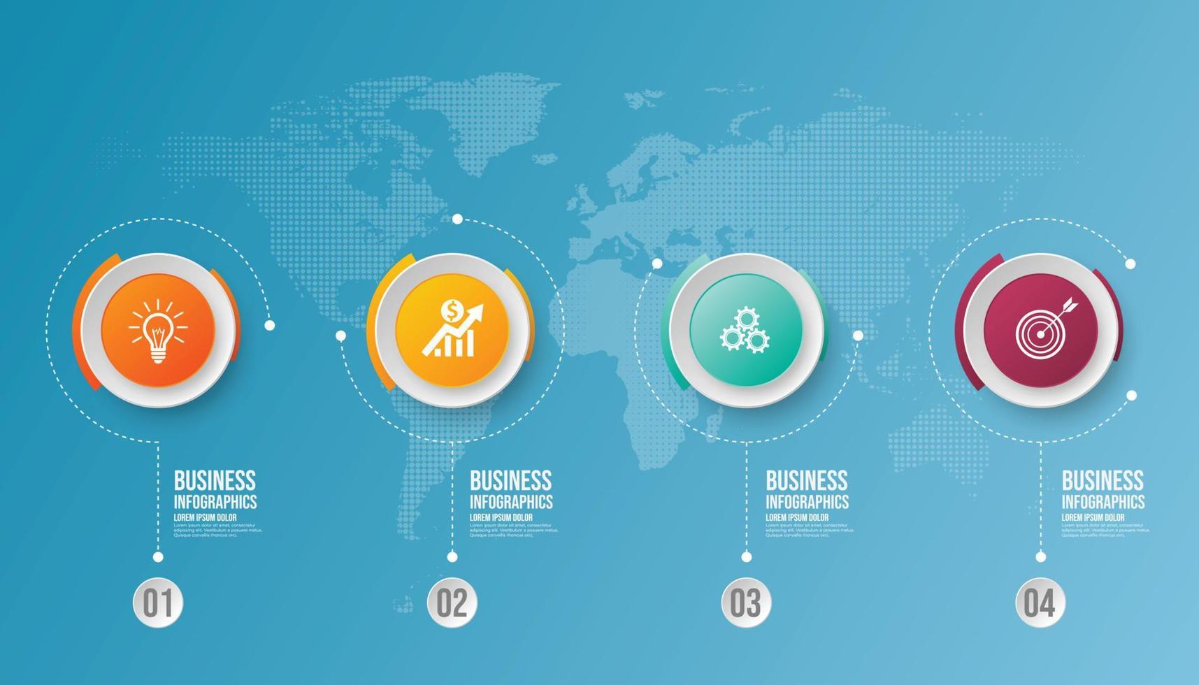 El círculo infográfico empresarial forma cuatro opciones, procesos o pasos para la presentación. se puede utilizar para presentaciones, diseño de flujo de trabajo, banners y diseño web. concepto de negocio con 4 opciones, pasos, partes. vector