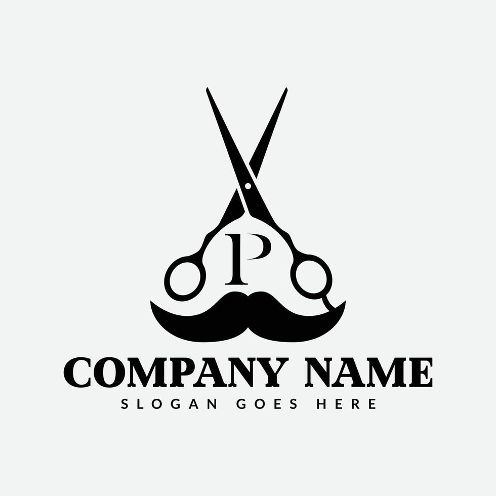 Salon and Hair Cutting Logo on Letter P Sign. Barber Shop Icon with Logotype Concept vector