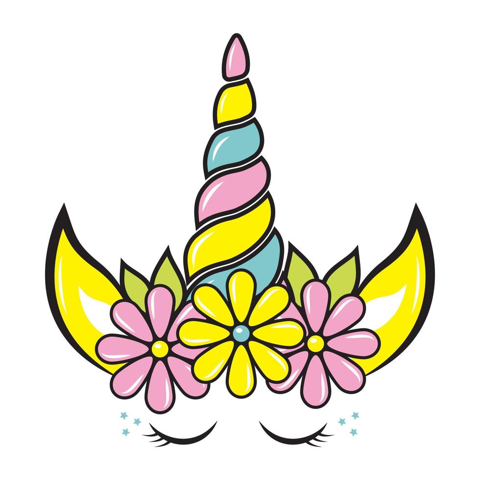 A unicorn with a rainbow horn and eyes. Color vector illustration in doodle style.