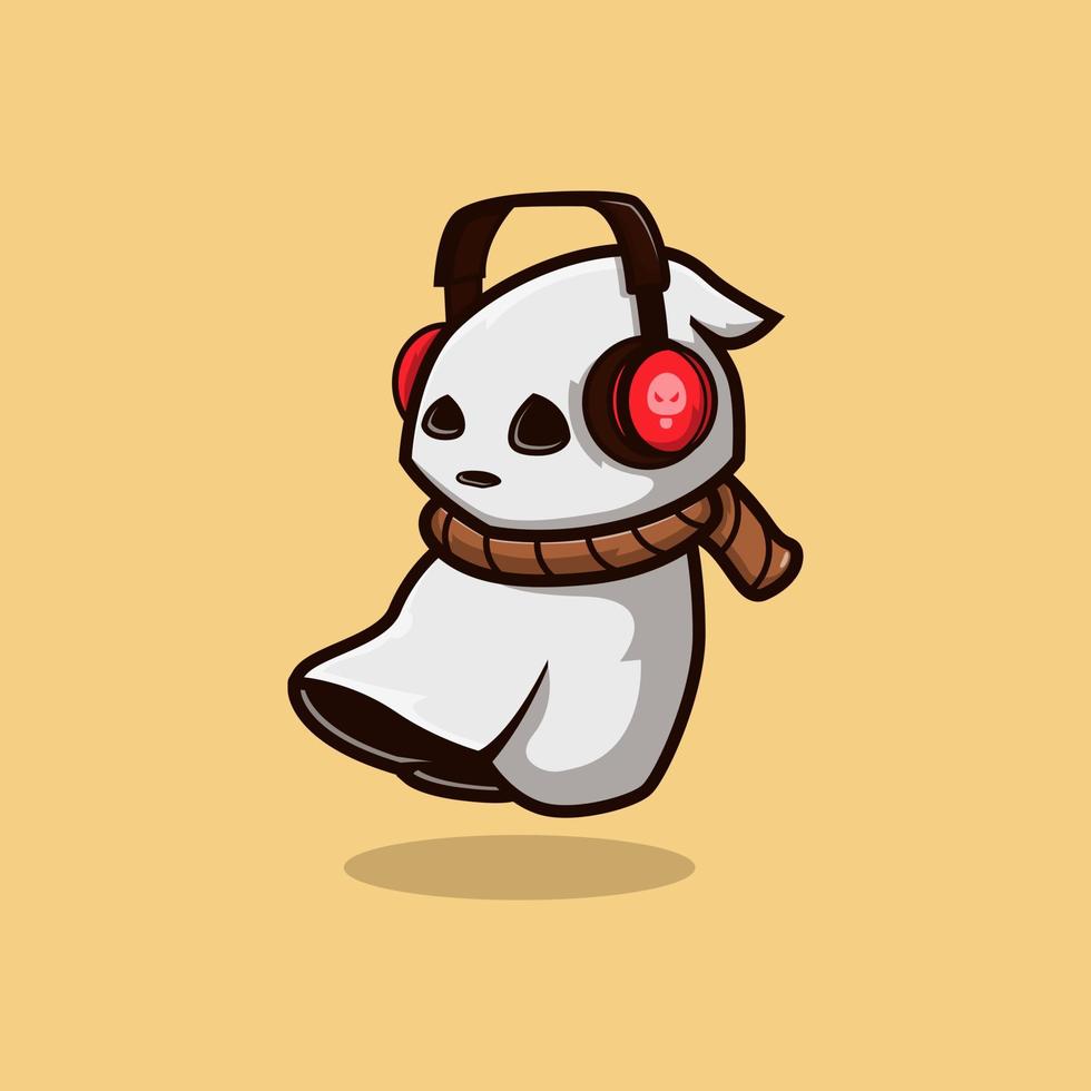 cute sad little ghost vector illustration design using headset